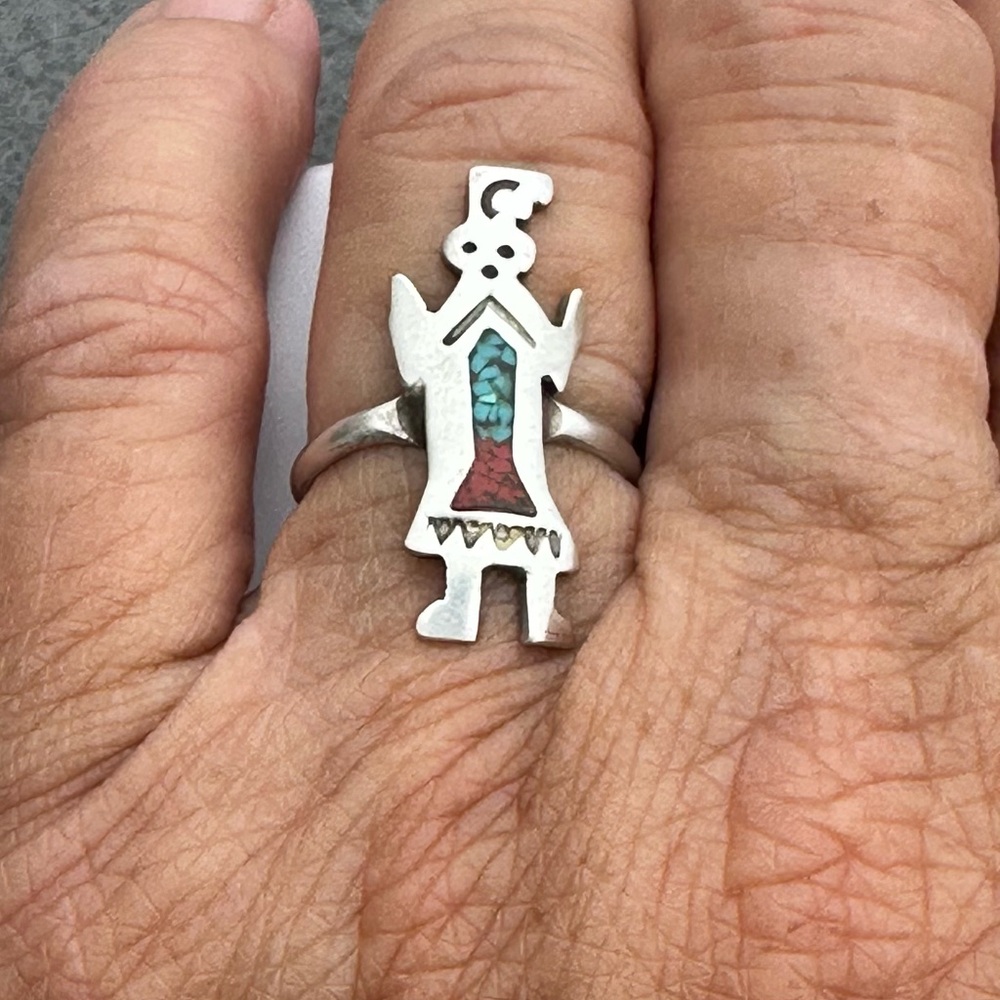Sterling Silver Hopi Kachina Turquoise Coral Ring Size 6 vintage